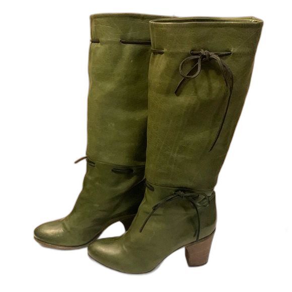Fiorentini +Baker Women's Green Almond Toe Leather Tall High Heeled Boots Sz 6.5 - Picture 2 of 15
